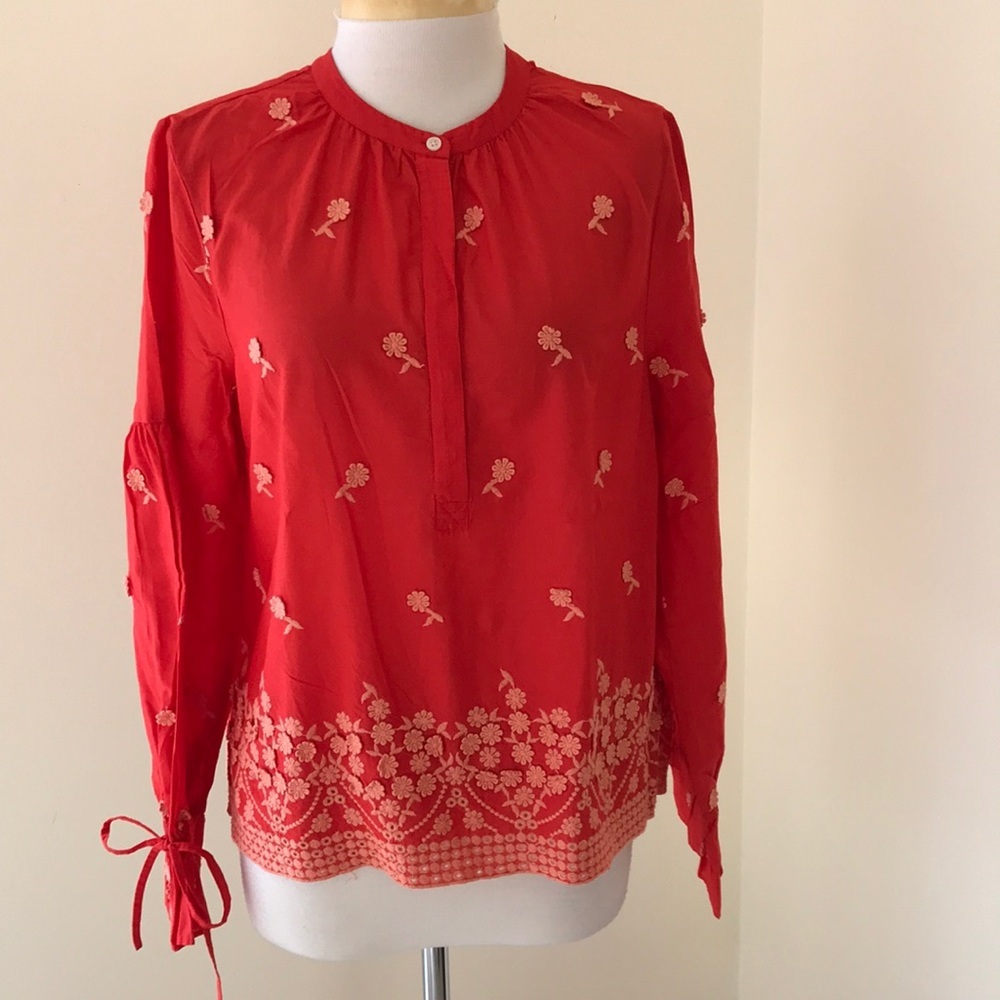 J. Crew medium bright orangish red floral embroidered long sleeve blouse.